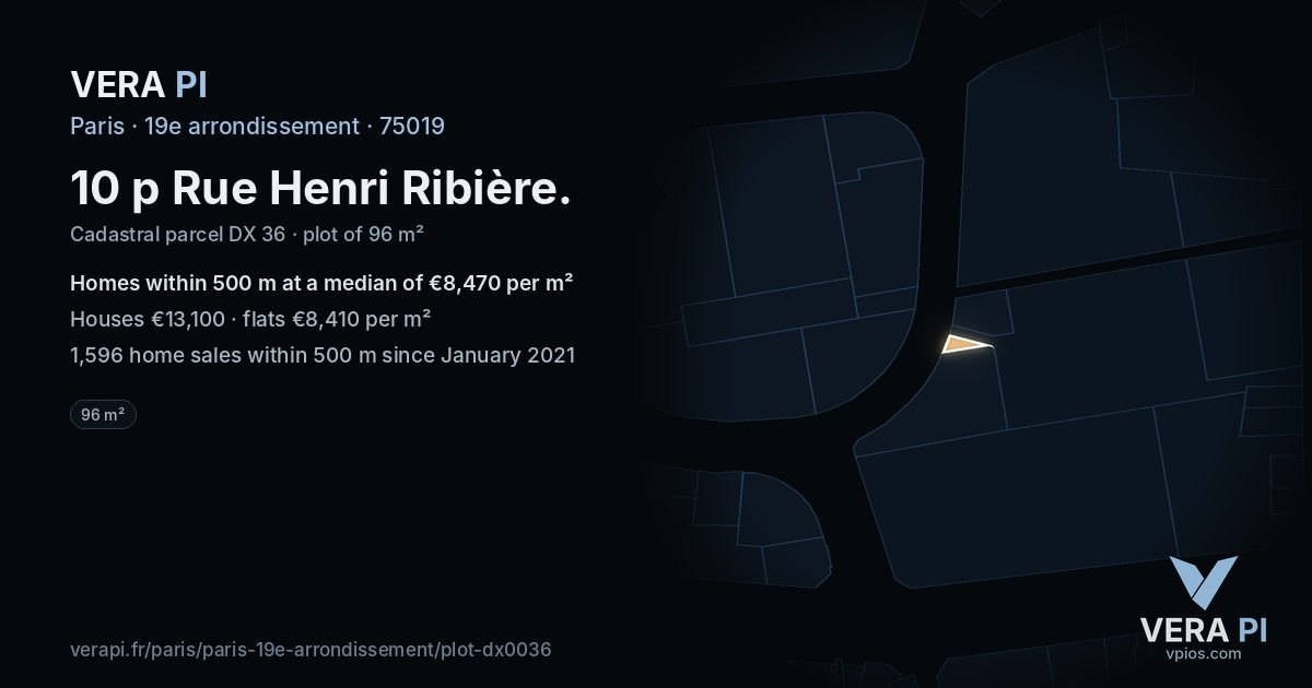 10 p Rue Henri Ribière, 19e arrondissement at night – the plot lit, the parcels around coloured by the prices near them