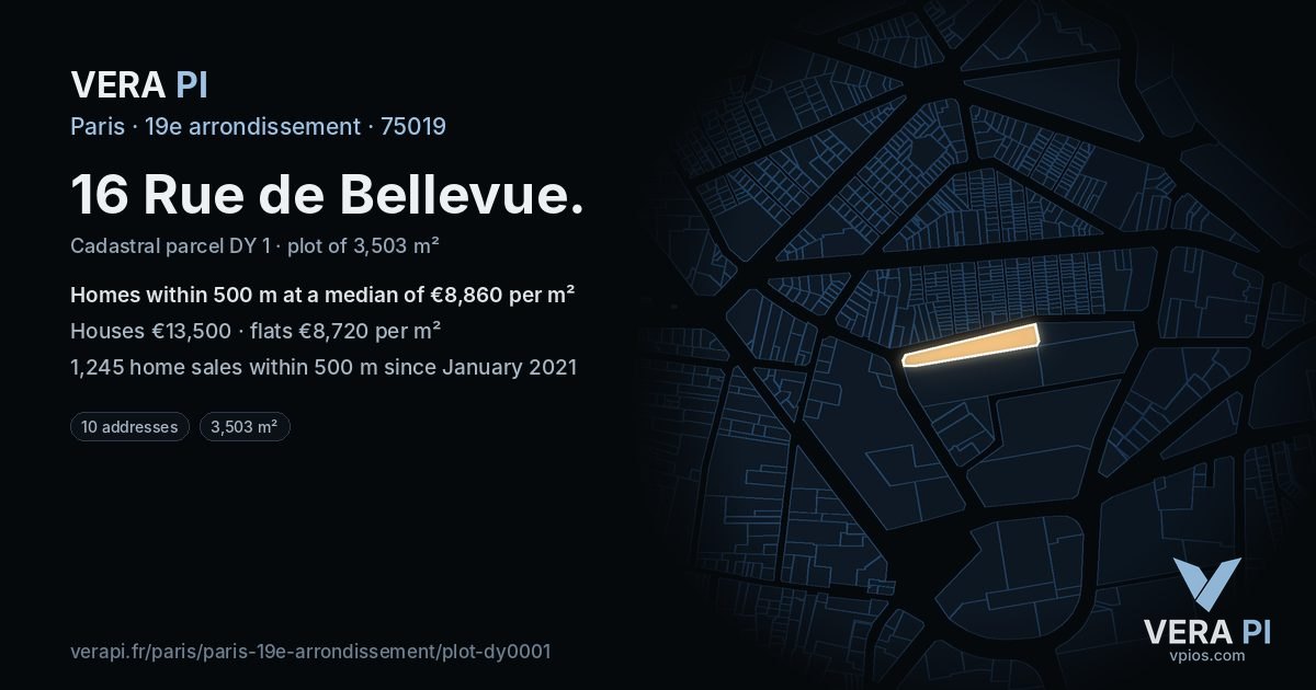 16 Rue de Bellevue, 19e arrondissement at night – the plot lit, the parcels around coloured by the prices near them