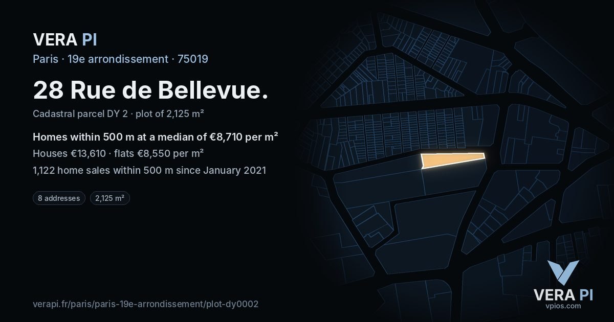 28 Rue de Bellevue, 19e arrondissement at night – the plot lit, the parcels around coloured by the prices near them