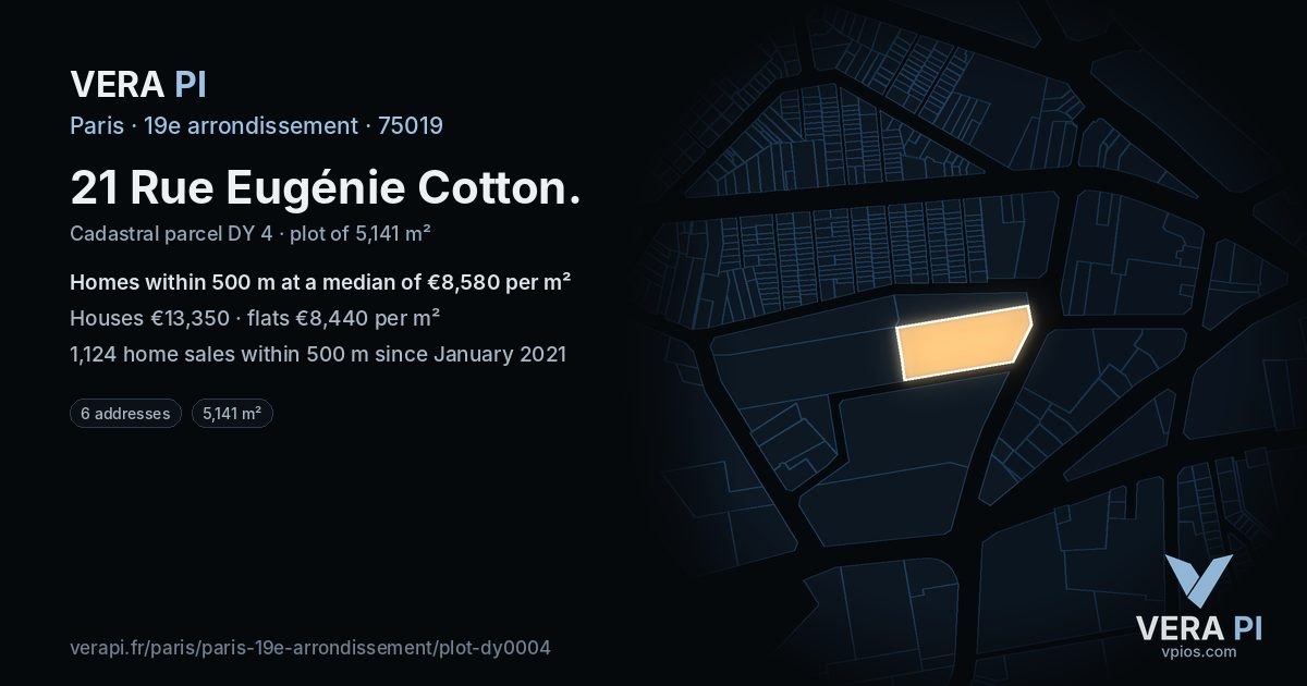 21 Rue Eugénie Cotton, 19e arrondissement at night – the plot lit, the parcels around coloured by the prices near them