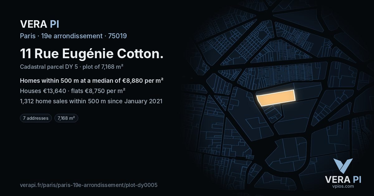 11 Rue Eugénie Cotton, 19e arrondissement at night – the plot lit, the parcels around coloured by the prices near them