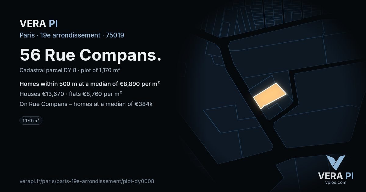 56 Rue Compans, 19e arrondissement at night – the plot lit, the parcels around coloured by the prices near them