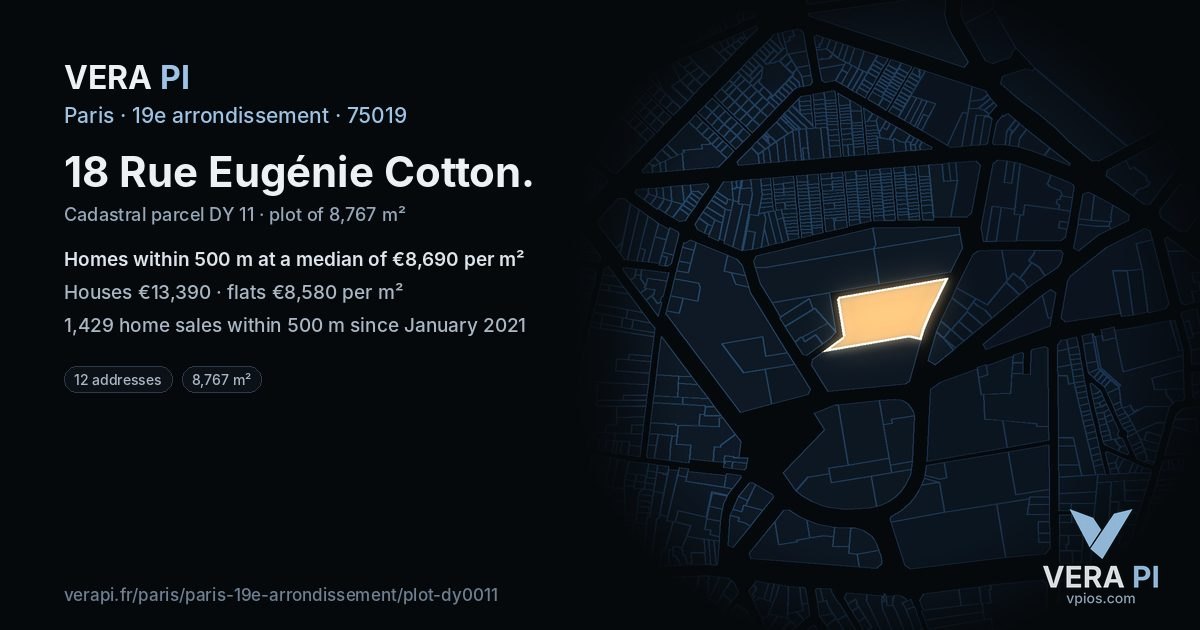 18 Rue Eugénie Cotton, 19e arrondissement at night – the plot lit, the parcels around coloured by the prices near them