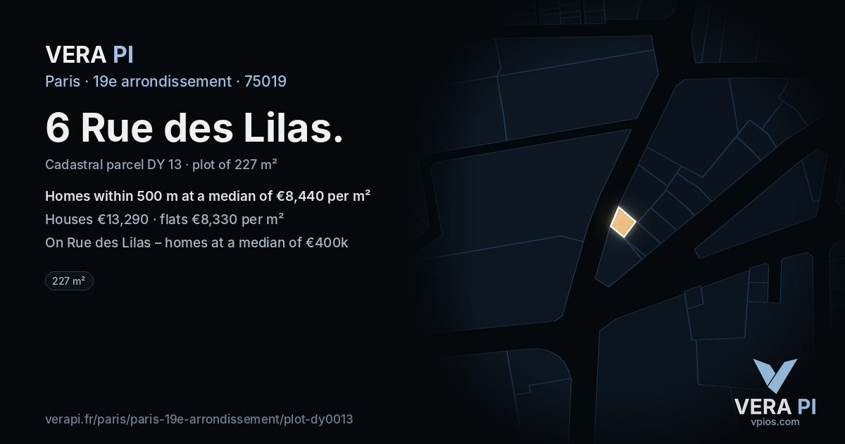 6 Rue des Lilas, 19e arrondissement at night – the plot lit, the parcels around coloured by the prices near them