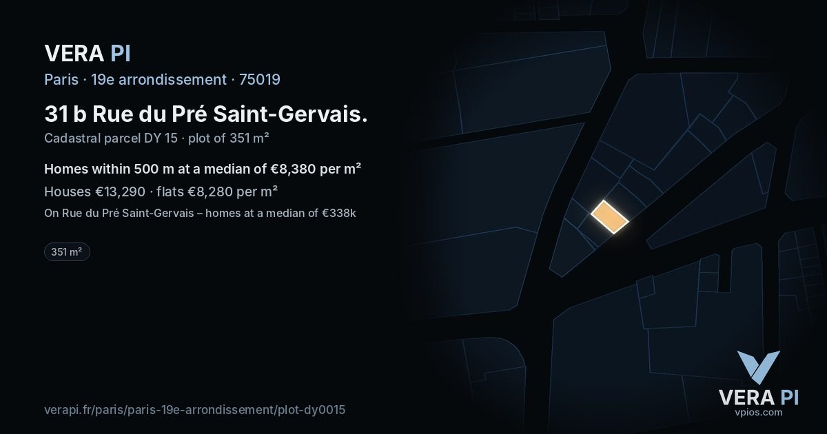 31 b Rue du Pré Saint-Gervais, 19e arrondissement at night – the plot lit, the parcels around coloured by the prices near them