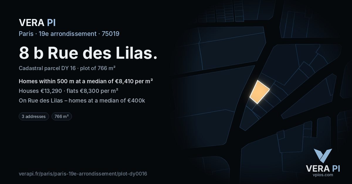 8 b Rue des Lilas, 19e arrondissement at night – the plot lit, the parcels around coloured by the prices near them