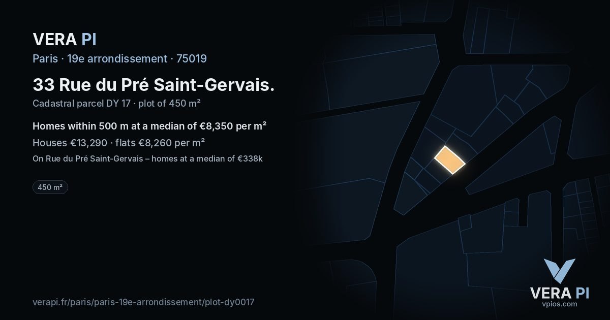 33 Rue du Pré Saint-Gervais, 19e arrondissement at night – the plot lit, the parcels around coloured by the prices near them