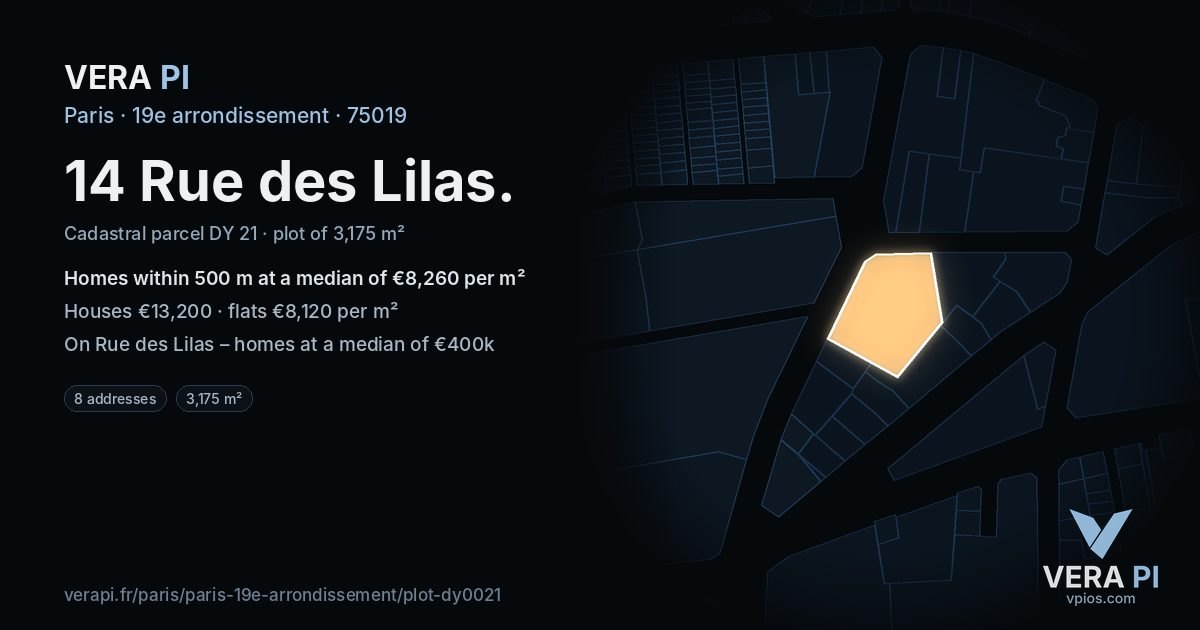 14 Rue des Lilas, 19e arrondissement at night – the plot lit, the parcels around coloured by the prices near them