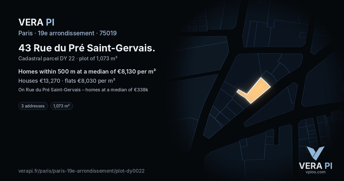 43 Rue du Pré Saint-Gervais, 19e arrondissement at night – the plot lit, the parcels around coloured by the prices near them
