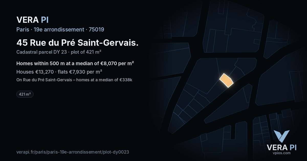 45 Rue du Pré Saint-Gervais, 19e arrondissement at night – the plot lit, the parcels around coloured by the prices near them