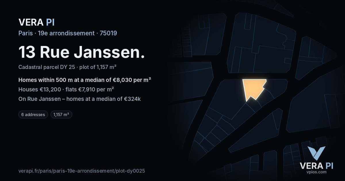 13 Rue Janssen, 19e arrondissement at night – the plot lit, the parcels around coloured by the prices near them