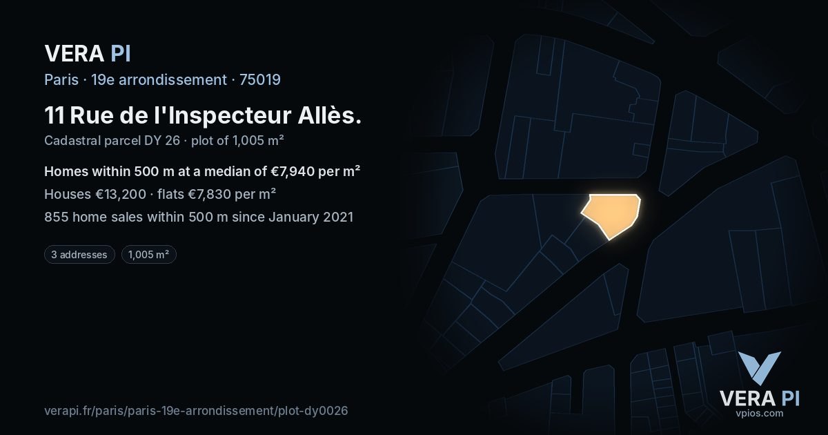 11 Rue de l'Inspecteur Allès, 19e arrondissement at night – the plot lit, the parcels around coloured by the prices near them