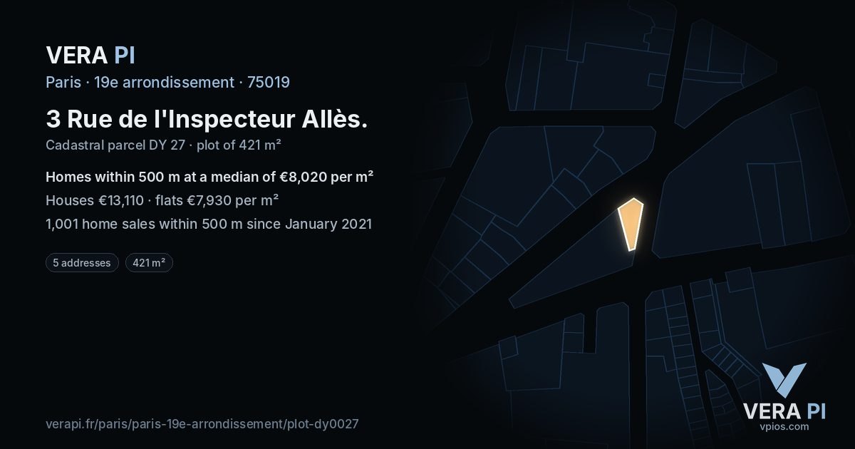 3 Rue de l'Inspecteur Allès, 19e arrondissement at night – the plot lit, the parcels around coloured by the prices near them