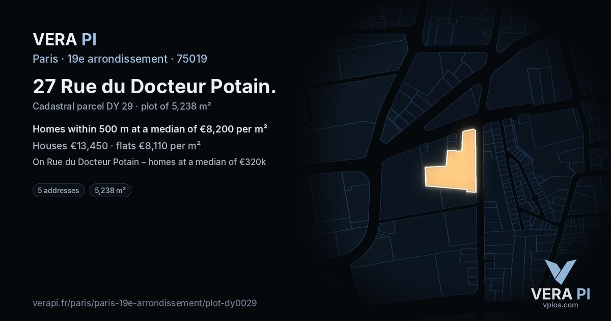 27 Rue du Docteur Potain, 19e arrondissement at night – the plot lit, the parcels around coloured by the prices near them