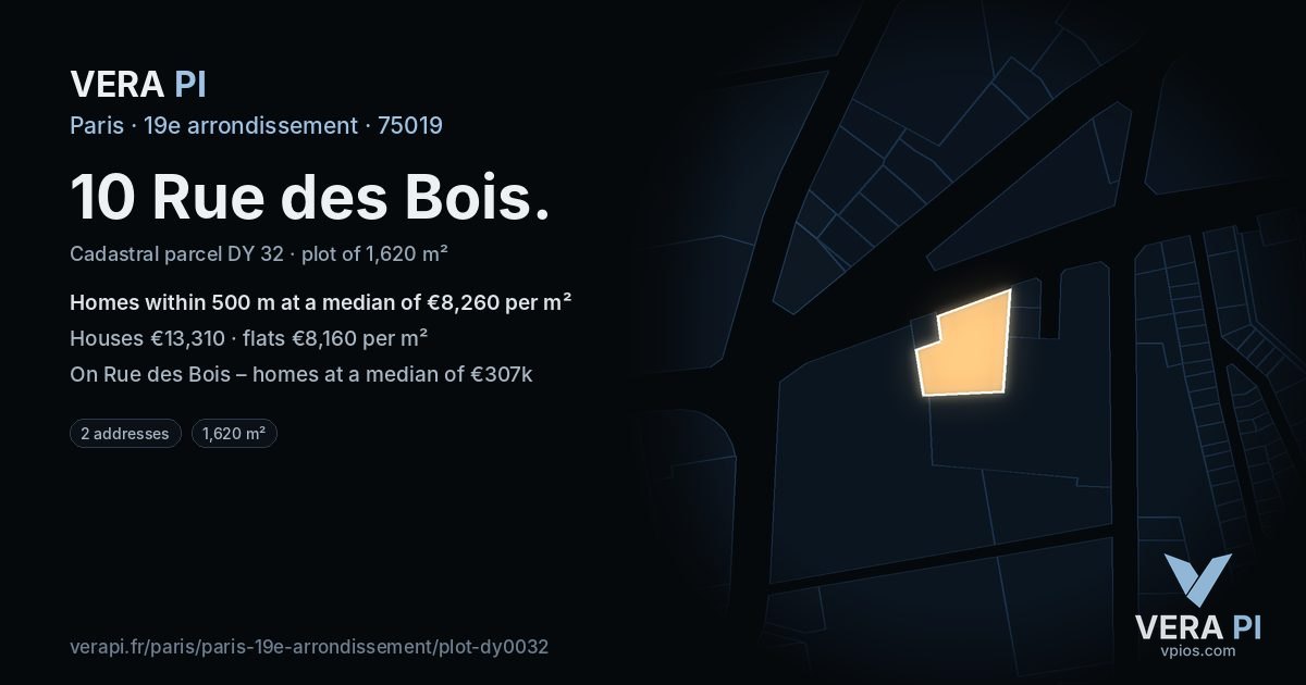 10 Rue des Bois, 19e arrondissement at night – the plot lit, the parcels around coloured by the prices near them