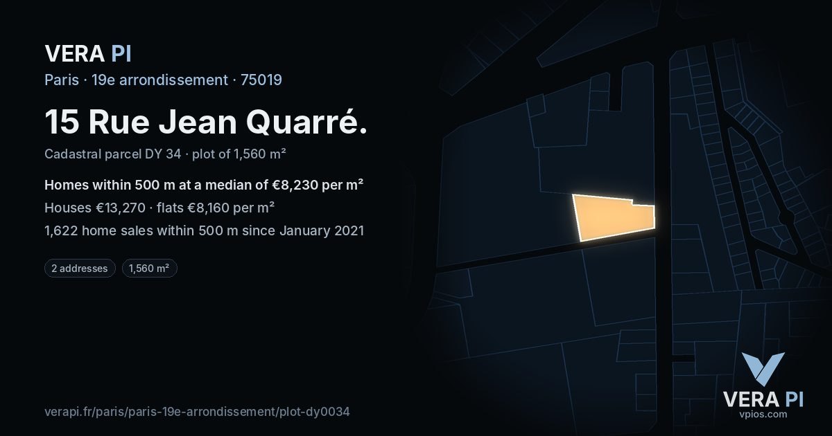 15 Rue Jean Quarré, 19e arrondissement at night – the plot lit, the parcels around coloured by the prices near them