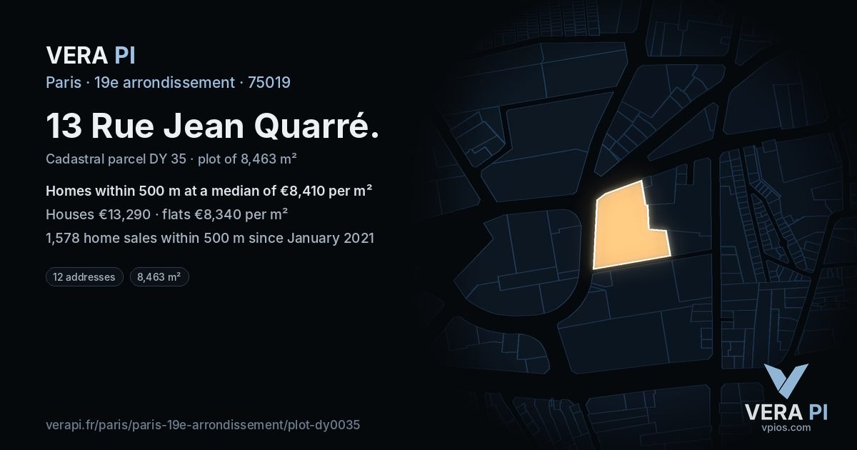 13 Rue Jean Quarré, 19e arrondissement at night – the plot lit, the parcels around coloured by the prices near them