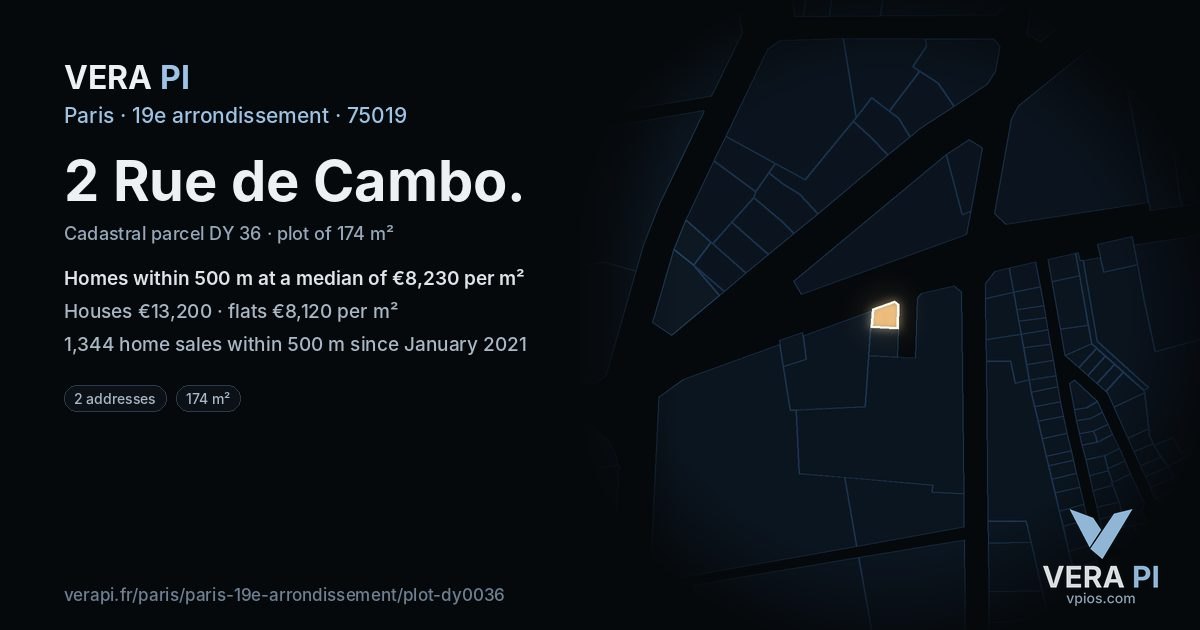 2 Rue de Cambo, 19e arrondissement at night – the plot lit, the parcels around coloured by the prices near them