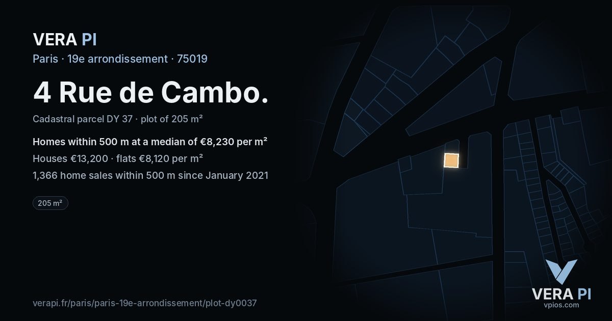 4 Rue de Cambo, 19e arrondissement at night – the plot lit, the parcels around coloured by the prices near them