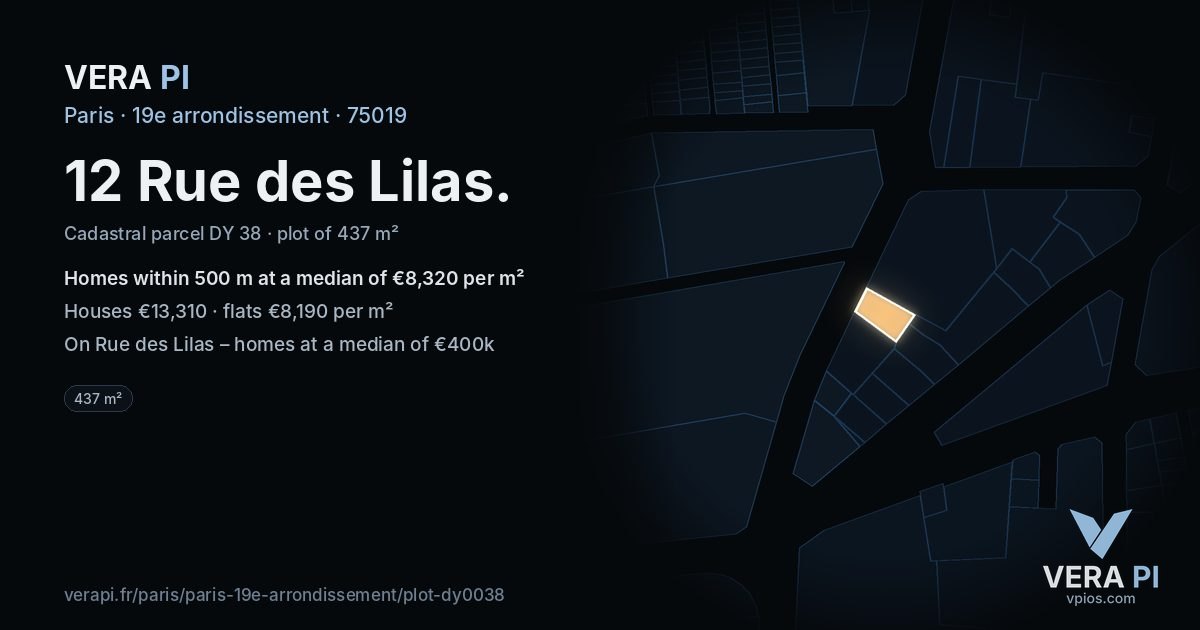 12 Rue des Lilas, 19e arrondissement at night – the plot lit, the parcels around coloured by the prices near them