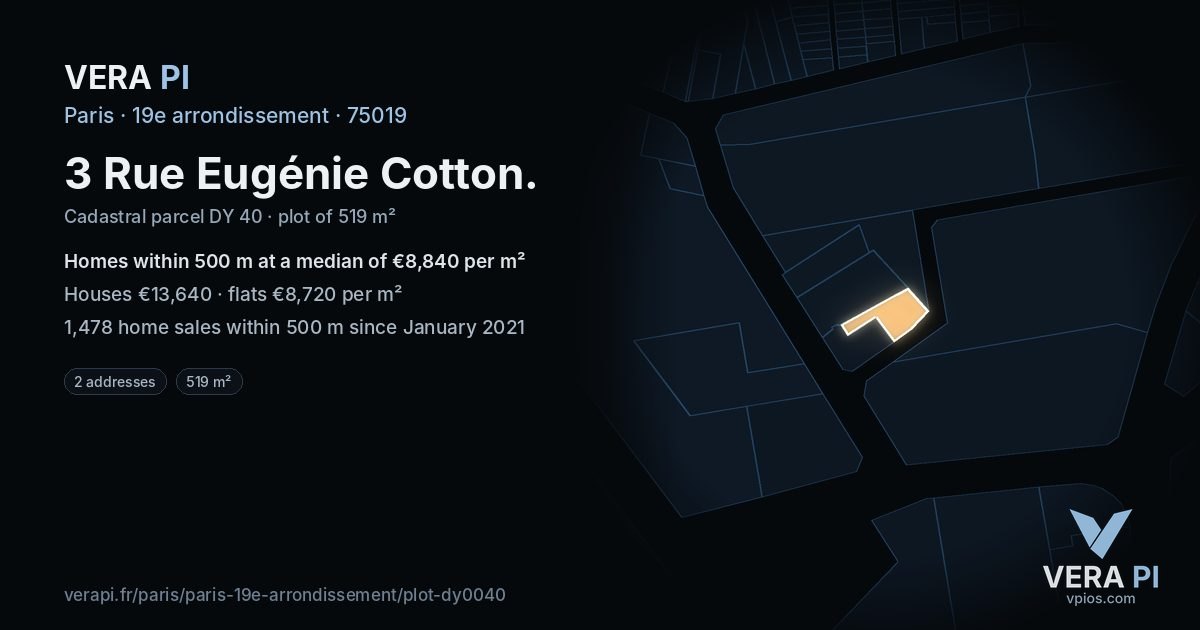 3 Rue Eugénie Cotton, 19e arrondissement at night – the plot lit, the parcels around coloured by the prices near them