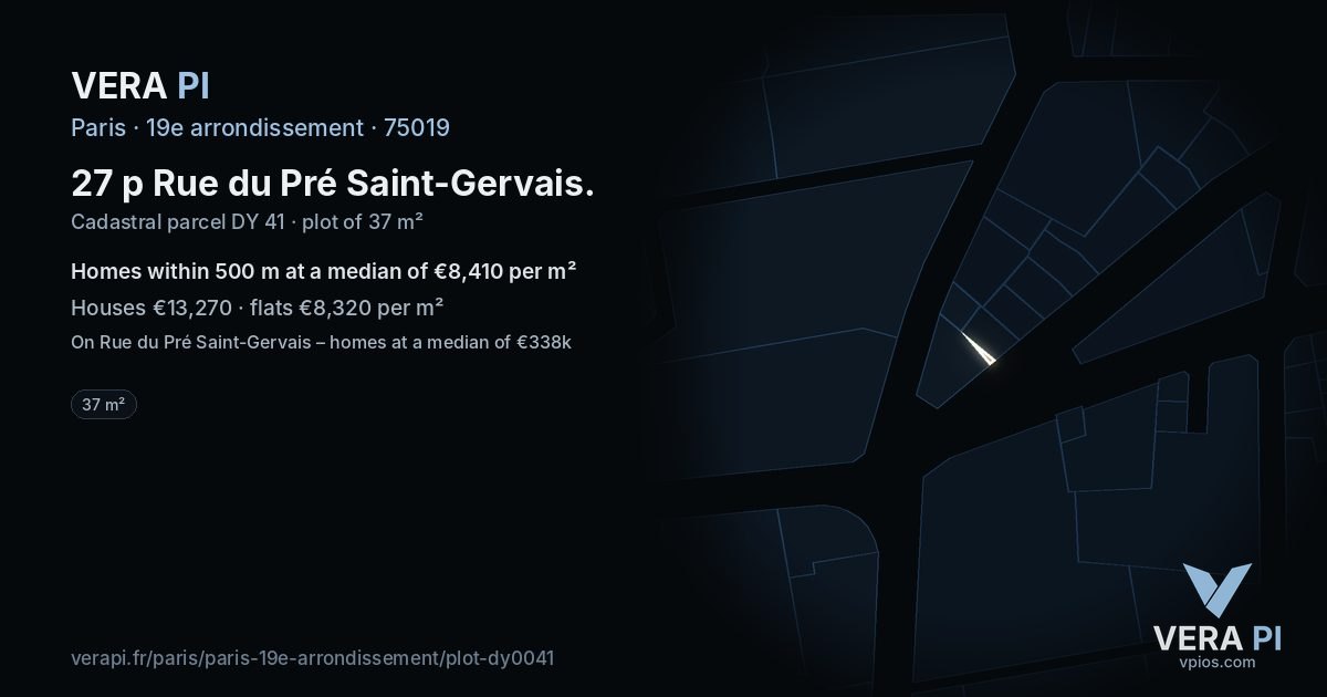 27 p Rue du Pré Saint-Gervais, 19e arrondissement at night – the plot lit, the parcels around coloured by the prices near them