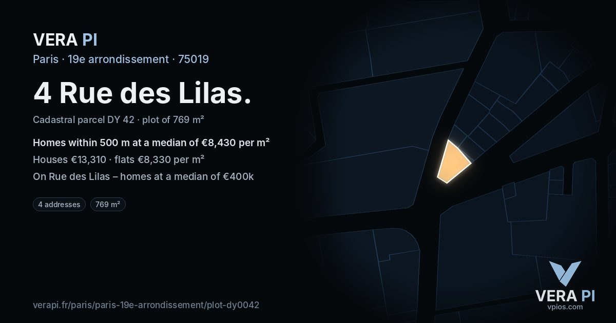 4 Rue des Lilas, 19e arrondissement at night – the plot lit, the parcels around coloured by the prices near them
