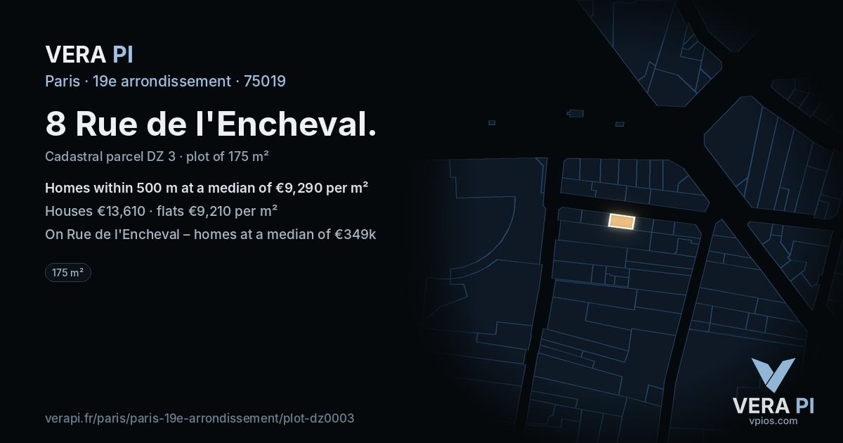 8 Rue de l'Encheval, 19e arrondissement at night – the plot lit, the parcels around coloured by the prices near them