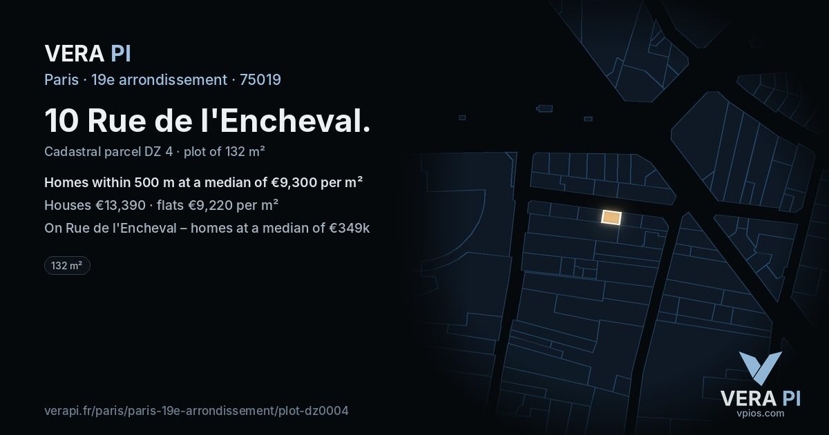 10 Rue de l'Encheval, 19e arrondissement at night – the plot lit, the parcels around coloured by the prices near them