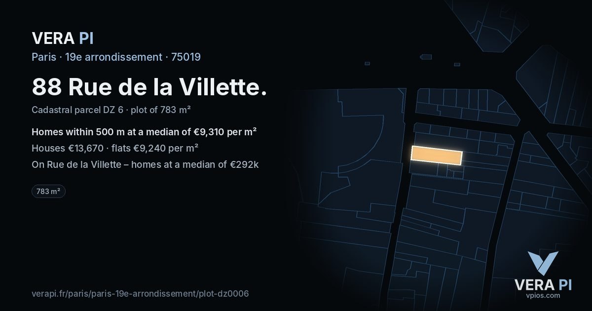 88 Rue de la Villette, 19e arrondissement at night – the plot lit, the parcels around coloured by the prices near them