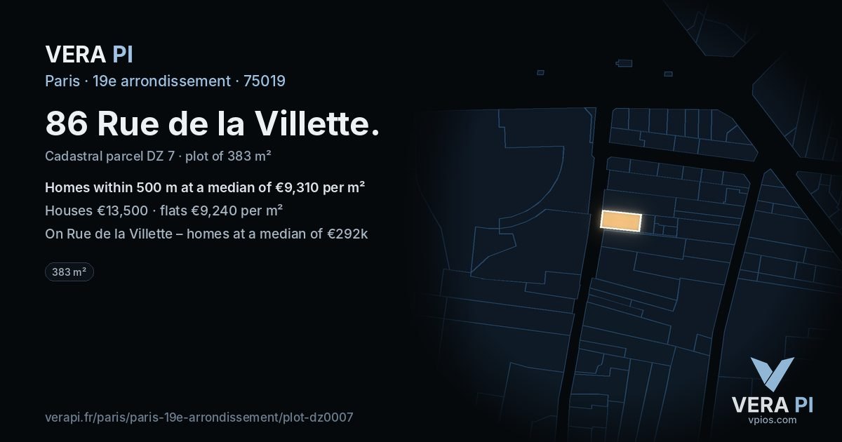 86 Rue de la Villette, 19e arrondissement at night – the plot lit, the parcels around coloured by the prices near them