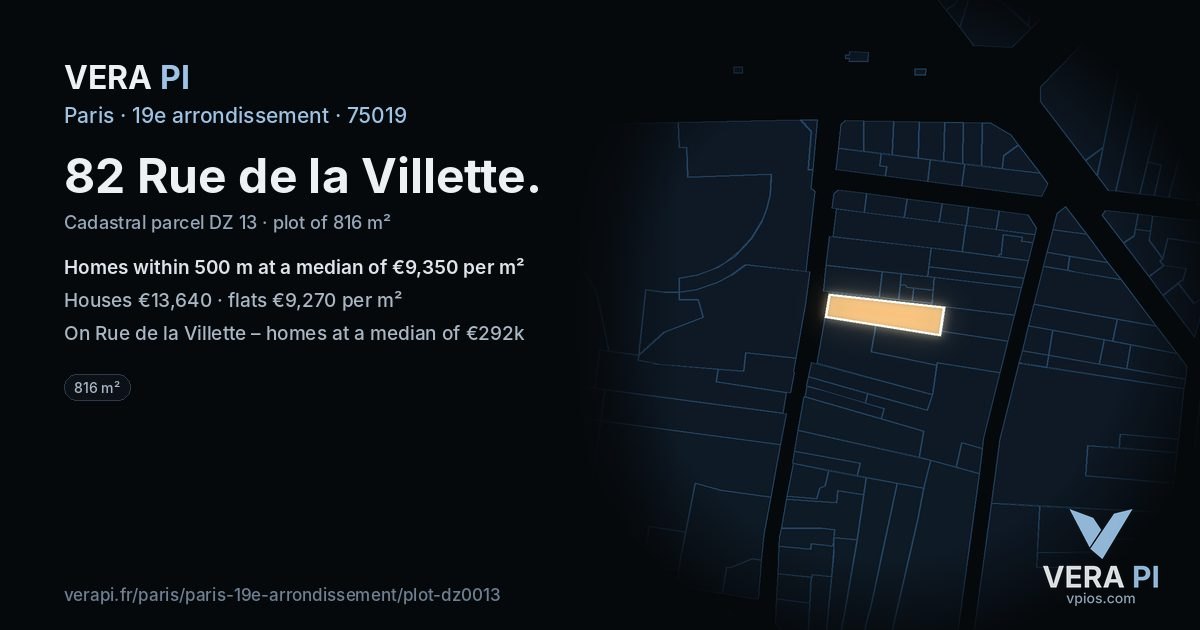 82 Rue de la Villette, 19e arrondissement at night – the plot lit, the parcels around coloured by the prices near them