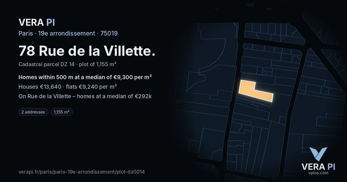 78 Rue de la Villette, 19e arrondissement at night – the plot lit, the parcels around coloured by the prices near them