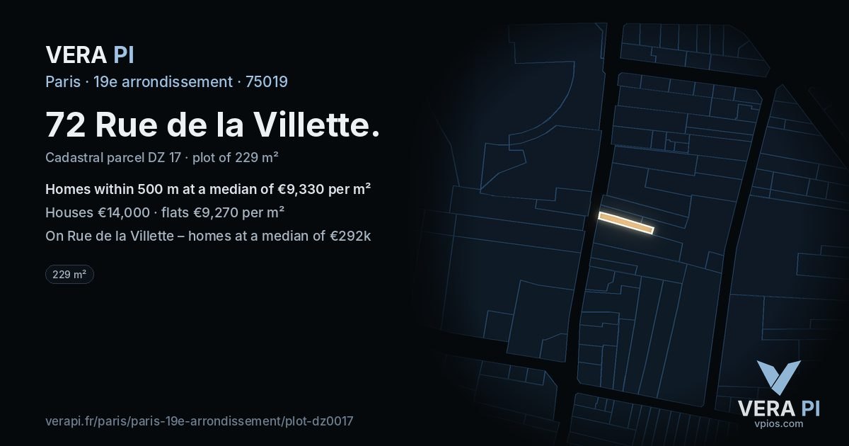 72 Rue de la Villette, 19e arrondissement at night – the plot lit, the parcels around coloured by the prices near them