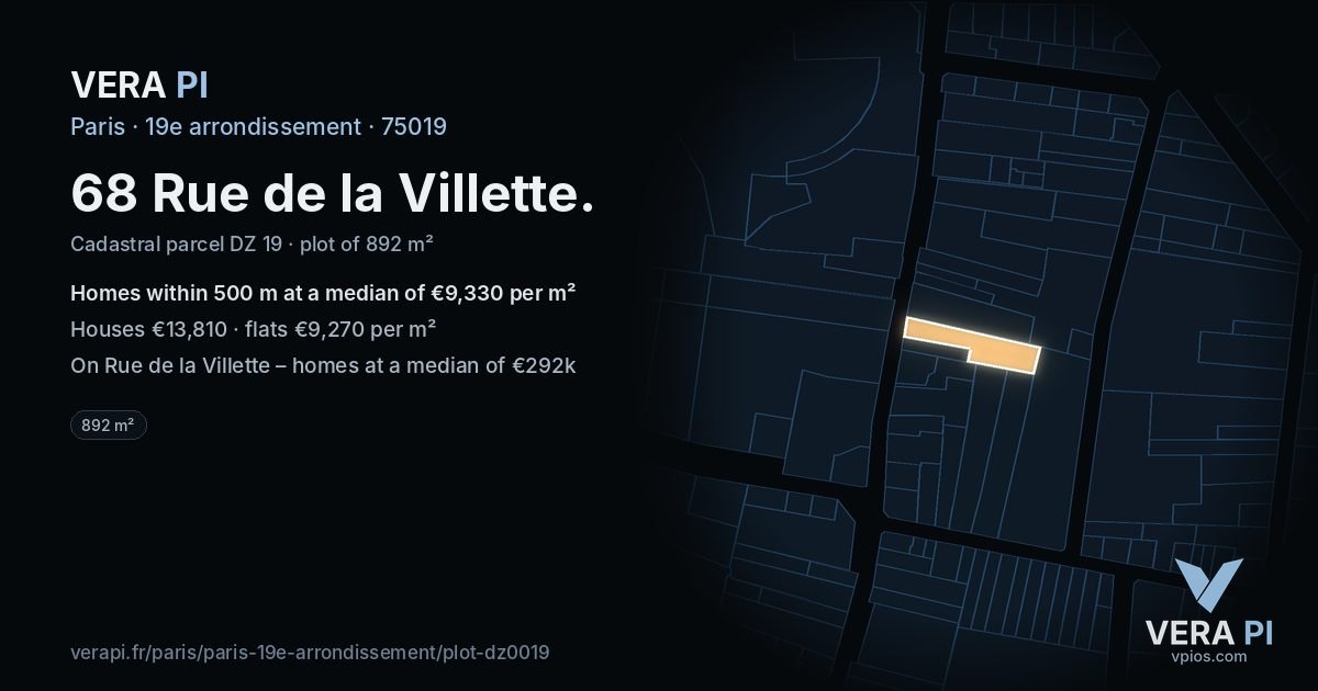 68 Rue de la Villette, 19e arrondissement at night – the plot lit, the parcels around coloured by the prices near them