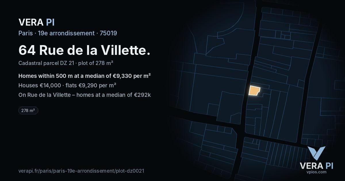 64 Rue de la Villette, 19e arrondissement at night – the plot lit, the parcels around coloured by the prices near them