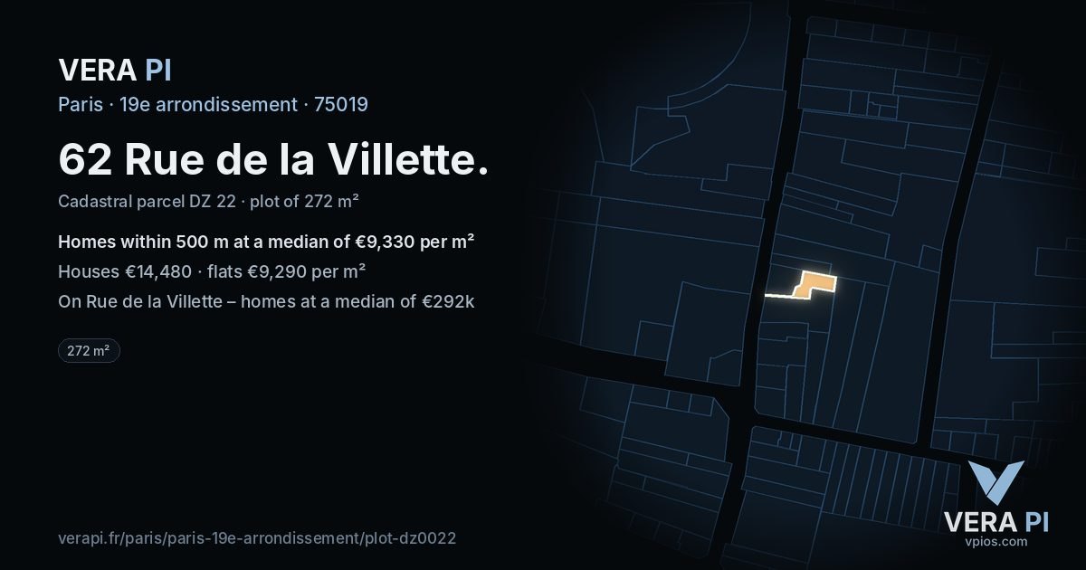 62 Rue de la Villette, 19e arrondissement at night – the plot lit, the parcels around coloured by the prices near them