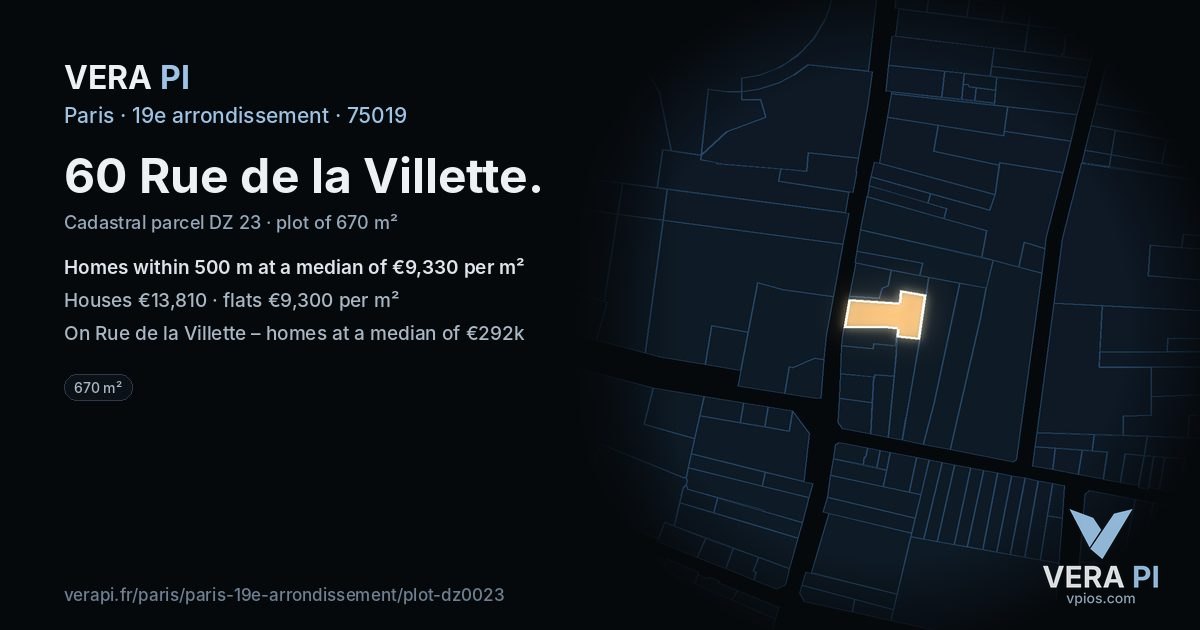 60 Rue de la Villette, 19e arrondissement at night – the plot lit, the parcels around coloured by the prices near them
