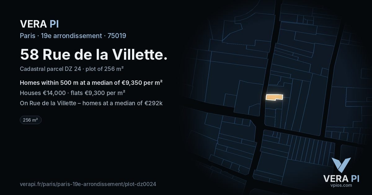 58 Rue de la Villette, 19e arrondissement at night – the plot lit, the parcels around coloured by the prices near them