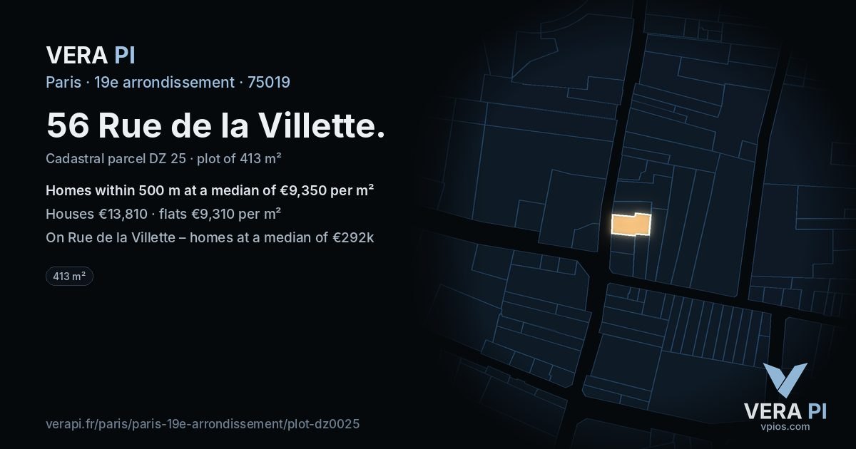 56 Rue de la Villette, 19e arrondissement at night – the plot lit, the parcels around coloured by the prices near them