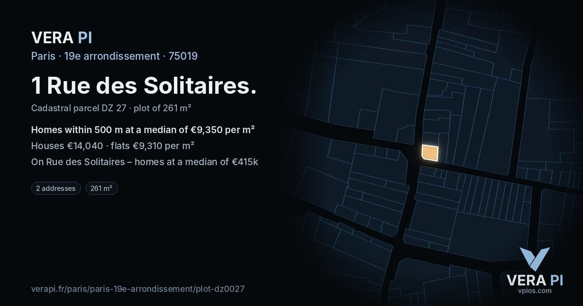1 Rue des Solitaires, 19e arrondissement at night – the plot lit, the parcels around coloured by the prices near them