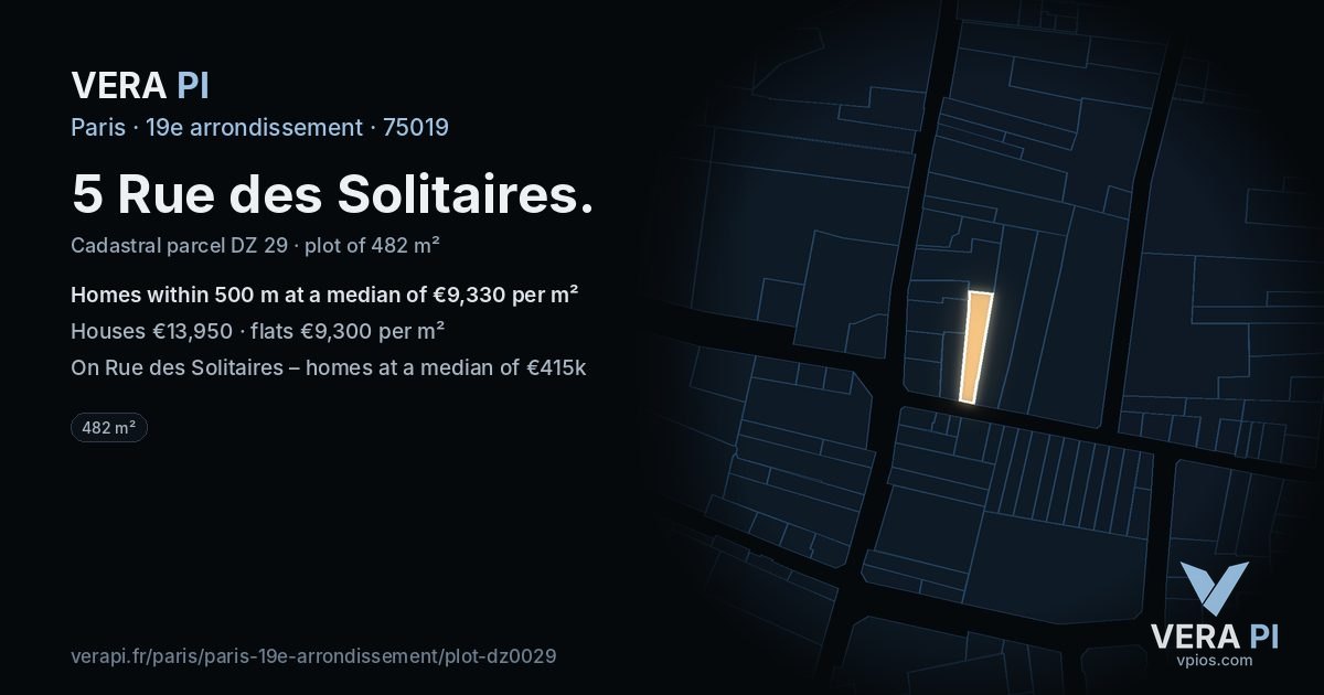 5 Rue des Solitaires, 19e arrondissement at night – the plot lit, the parcels around coloured by the prices near them
