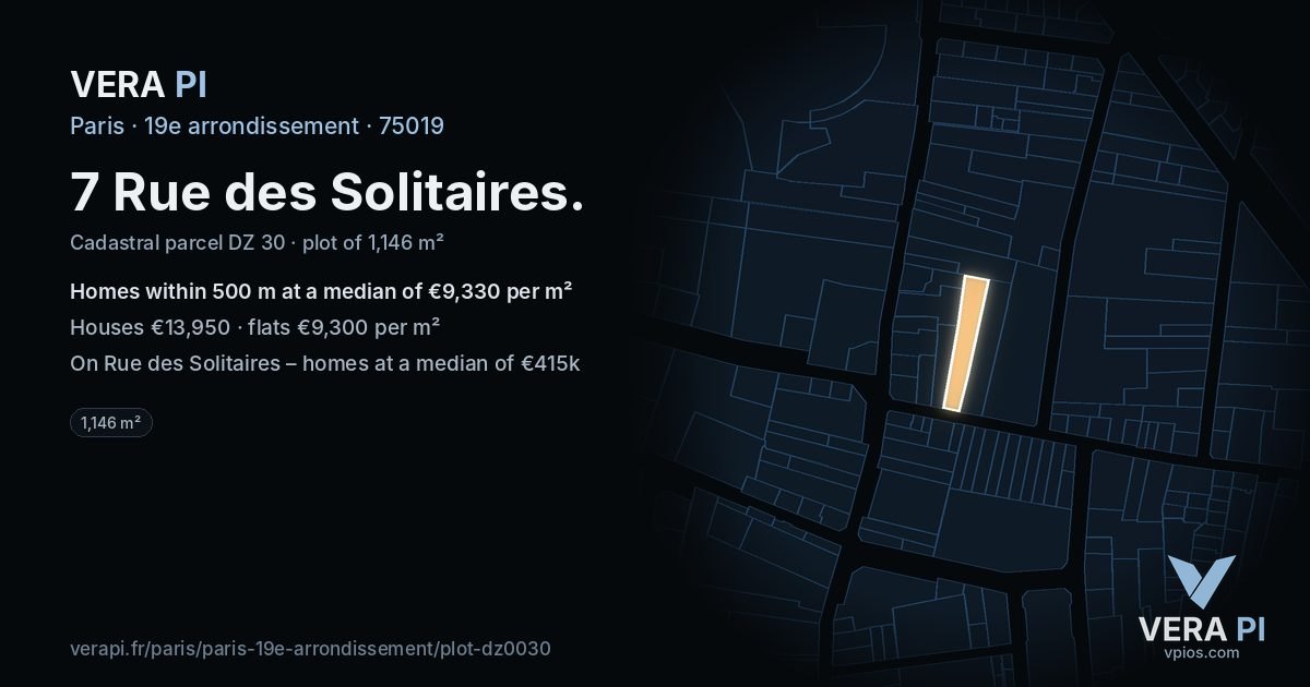 7 Rue des Solitaires, 19e arrondissement at night – the plot lit, the parcels around coloured by the prices near them