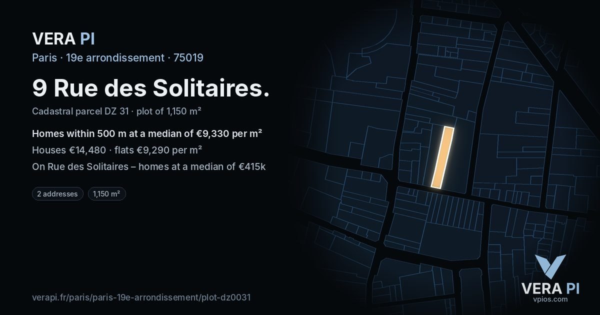 9 Rue des Solitaires, 19e arrondissement at night – the plot lit, the parcels around coloured by the prices near them