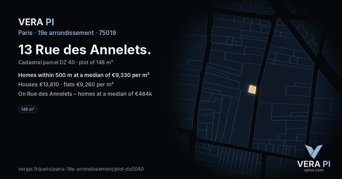 13 Rue des Annelets, 19e arrondissement at night – the plot lit, the parcels around coloured by the prices near them