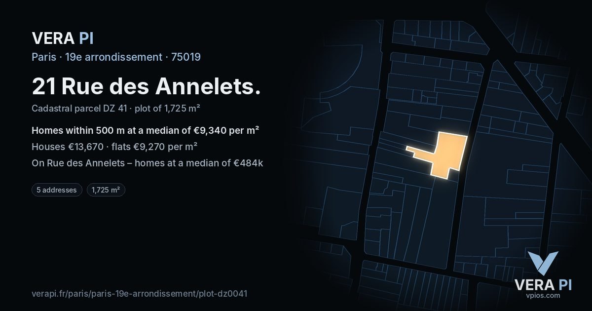 21 Rue des Annelets, 19e arrondissement at night – the plot lit, the parcels around coloured by the prices near them
