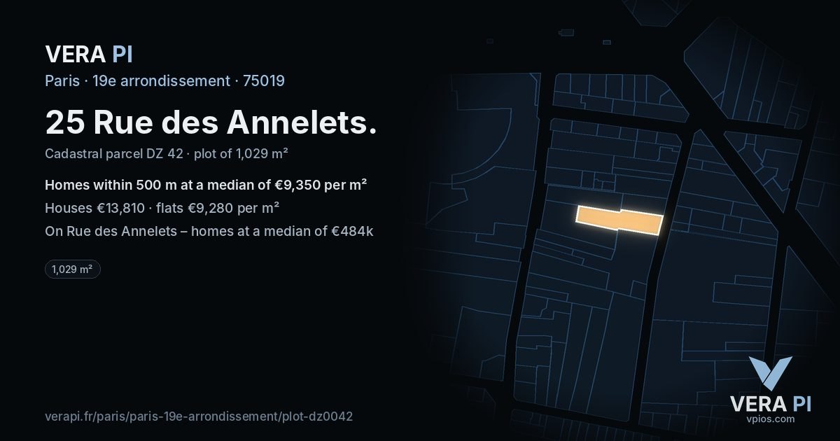 25 Rue des Annelets, 19e arrondissement at night – the plot lit, the parcels around coloured by the prices near them