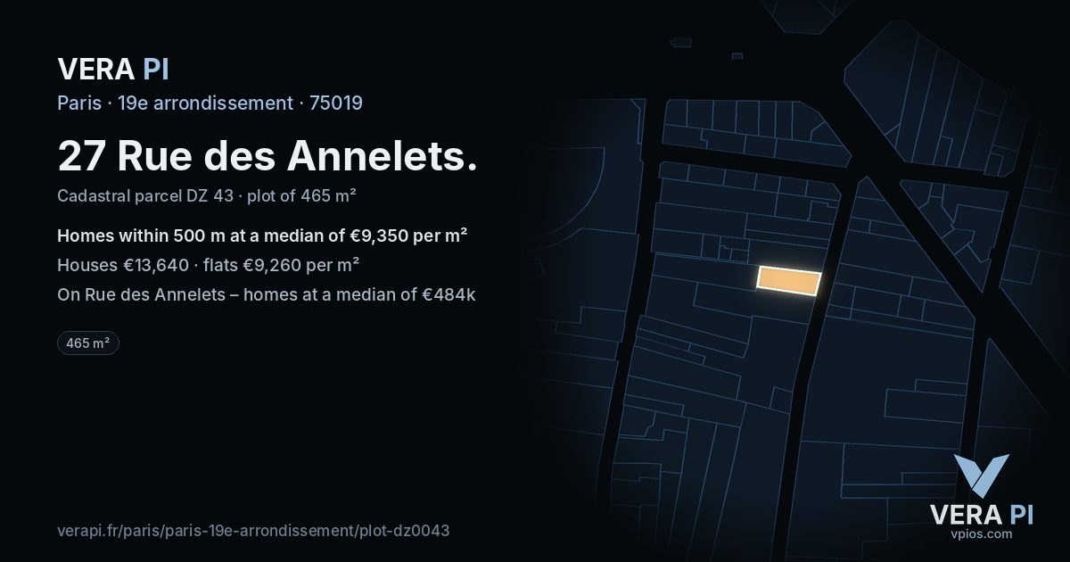 27 Rue des Annelets, 19e arrondissement at night – the plot lit, the parcels around coloured by the prices near them