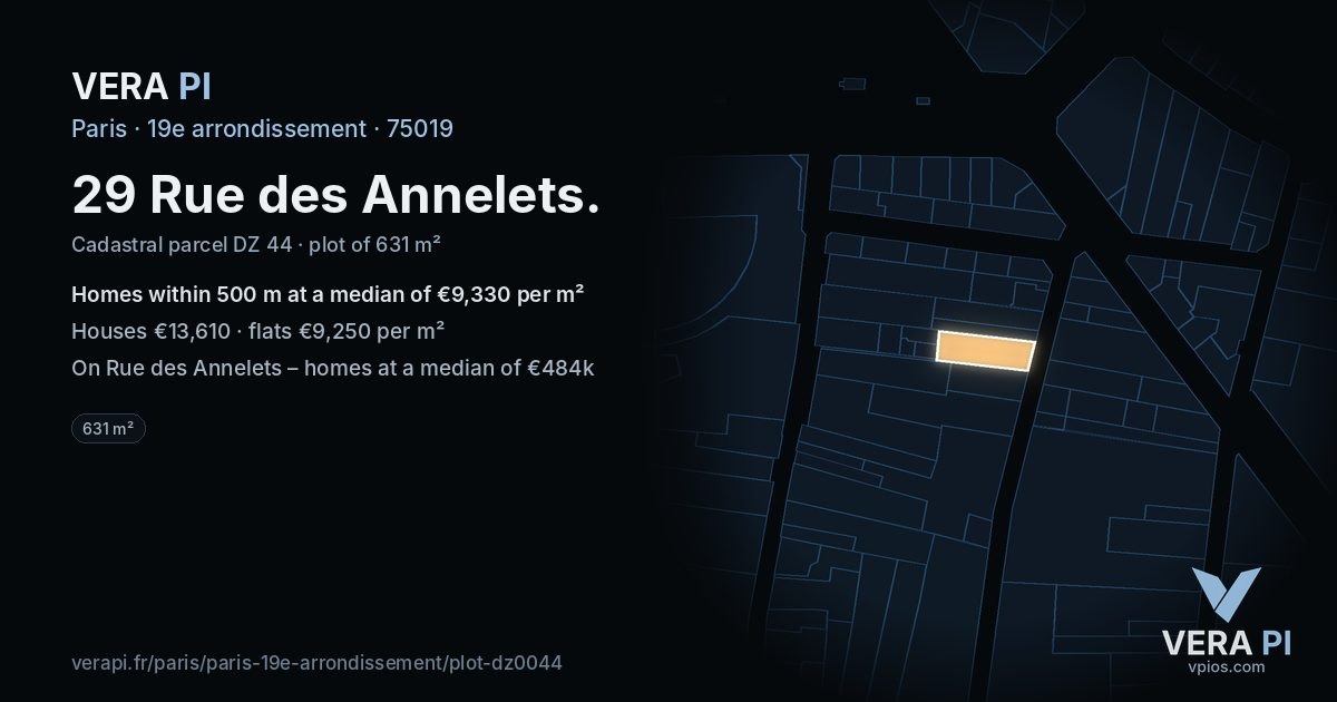 29 Rue des Annelets, 19e arrondissement at night – the plot lit, the parcels around coloured by the prices near them