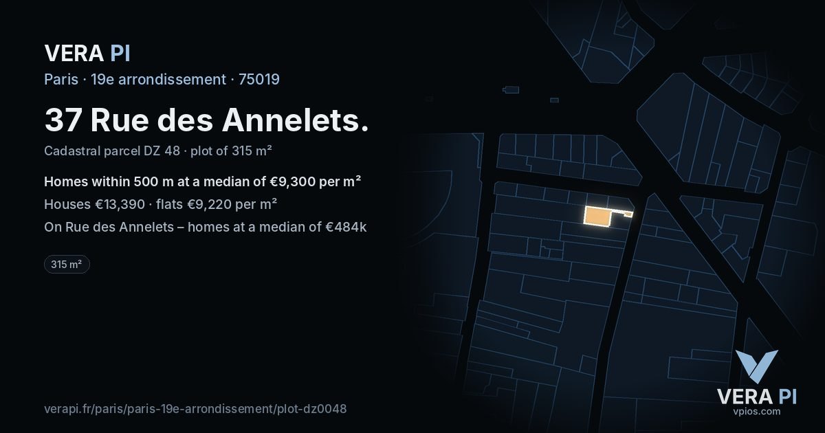 37 Rue des Annelets, 19e arrondissement at night – the plot lit, the parcels around coloured by the prices near them